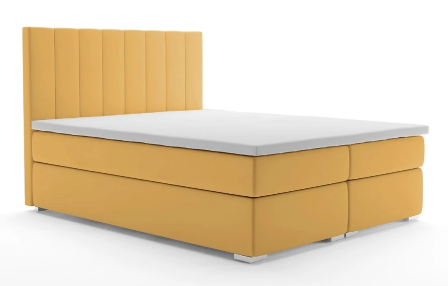 Modernes gelbes Boxspringbett mit gestepptem Kopfteil aus Magic Velvet Stoff.
