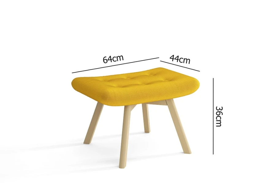 Gelber Hocker passend zum Sessel mit Maßen: 36 cm hoch, 64 cm breit und 44 cm tief.
