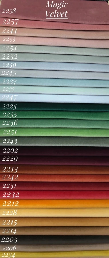 Magic Velvet Farbauswahl für Samtstoffe in warmen Rot, Gelb, Grün und Braun Tönen.