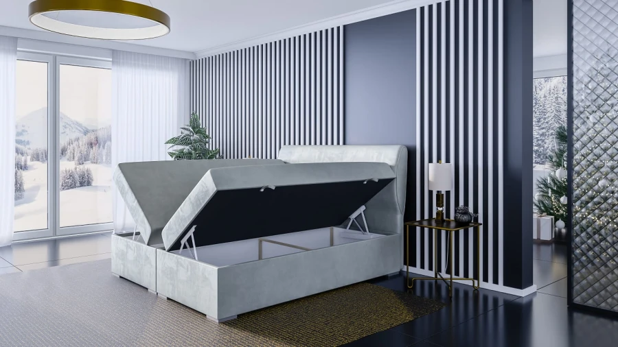 Modernes Polsterbett in Hellgrau mit geöffneten Bettkästen für praktischen Stauraum im Schlafzimmer.