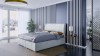 Elegantes Polsterbett in Hellgrau im stilvollen Schlafzimmer mit modernem Design-Kopfteil.