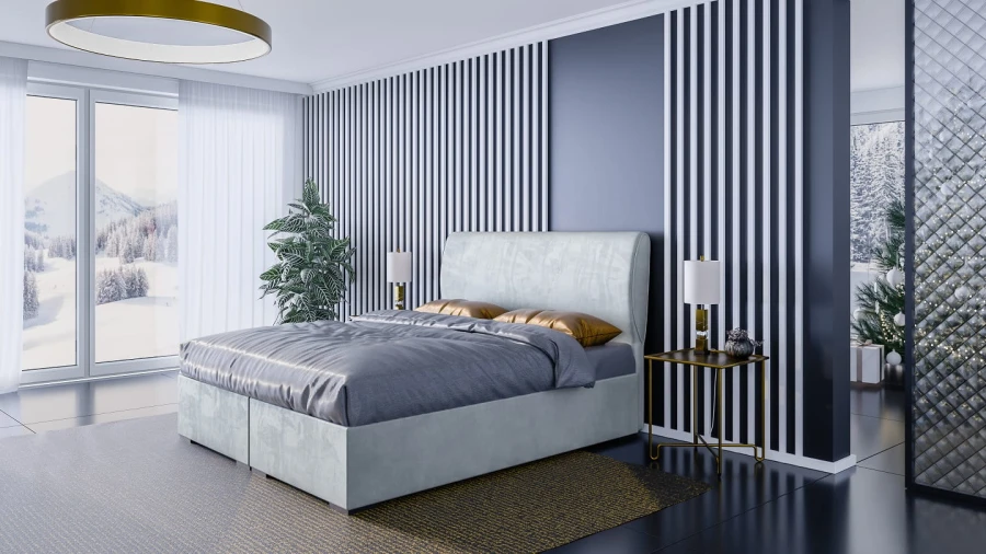 Elegantes Polsterbett in Hellgrau im stilvollen Schlafzimmer mit modernem Design-Kopfteil.