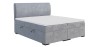 Graues Boxspringbett mit hohem Kopfteil und Bettkasten
