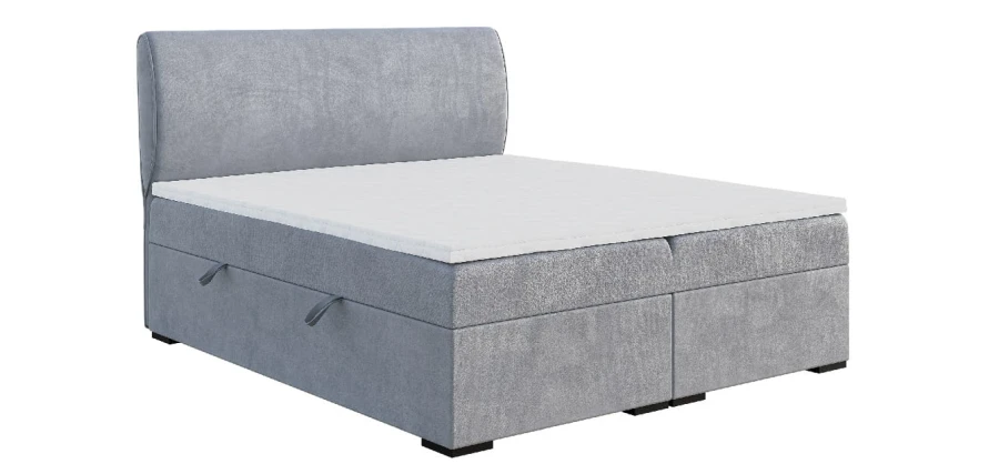 Graues Boxspringbett mit hohem Kopfteil und Bettkasten