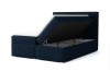 Blaues Boxspringbett mit geöffnetem Bettkasten-Stauraum