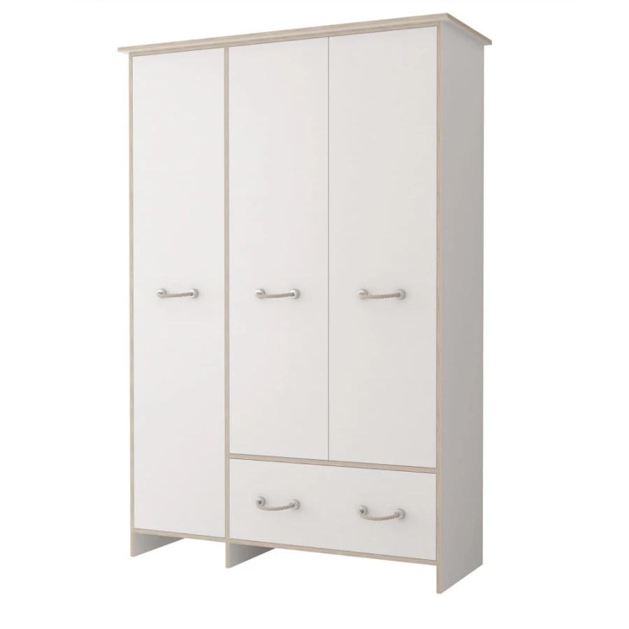 Klassischer weißer Kleiderschrank, 3-türig mit Schubladen und Seilgriffen im Landhausstil.