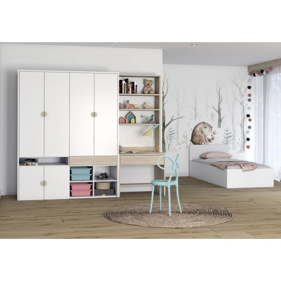 Helles Kinderzimmer-Set mit Kleiderschrank, Schreibtisch und Bett in modernem Design.