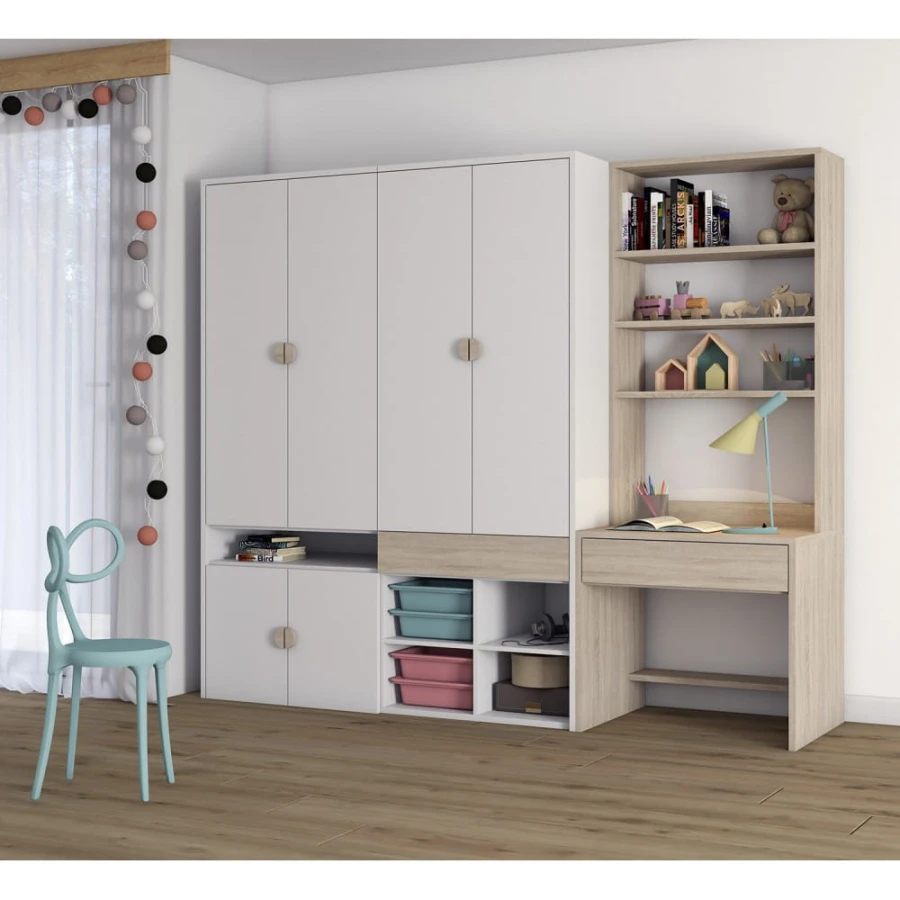 Moderner weißer Kleiderschrank mit Schreibtisch und Regalen für das Kinderzimmer.