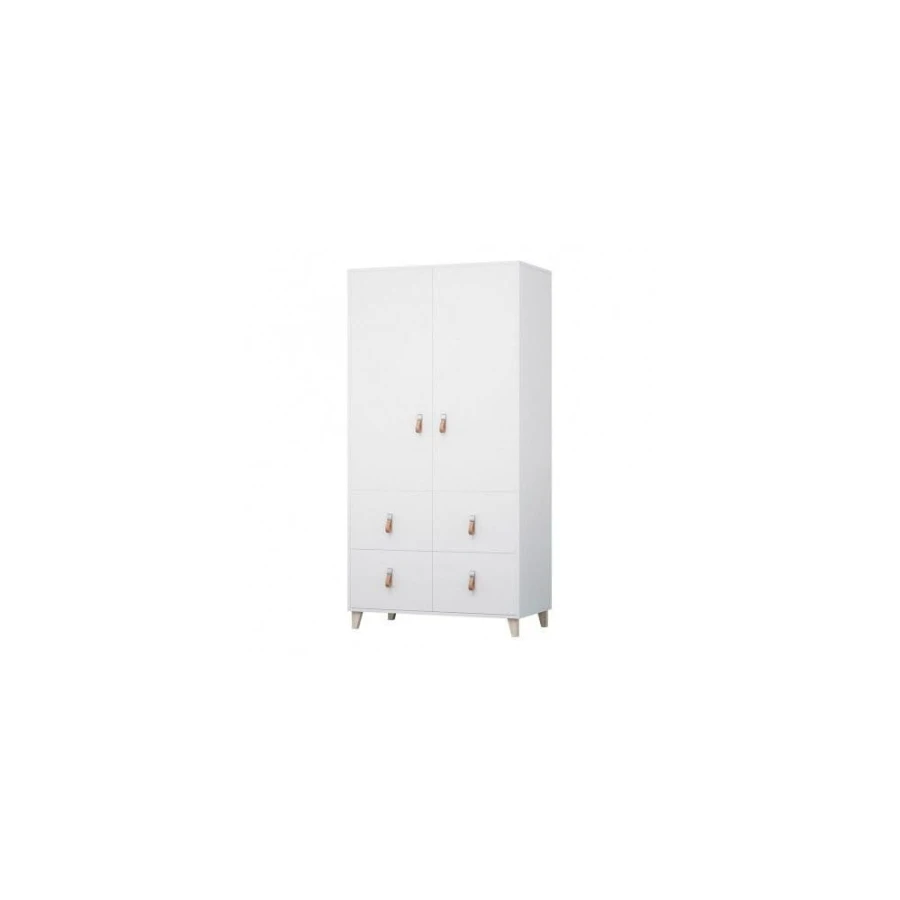 Weißer Kleiderschrank mit 2 Türen, 4 Schubladen und Holzfüßen in modernem Design.