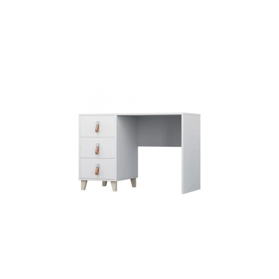 Weißer Schreibtisch mit drei Schubladen und Ledergriffen im skandinavischen Design.