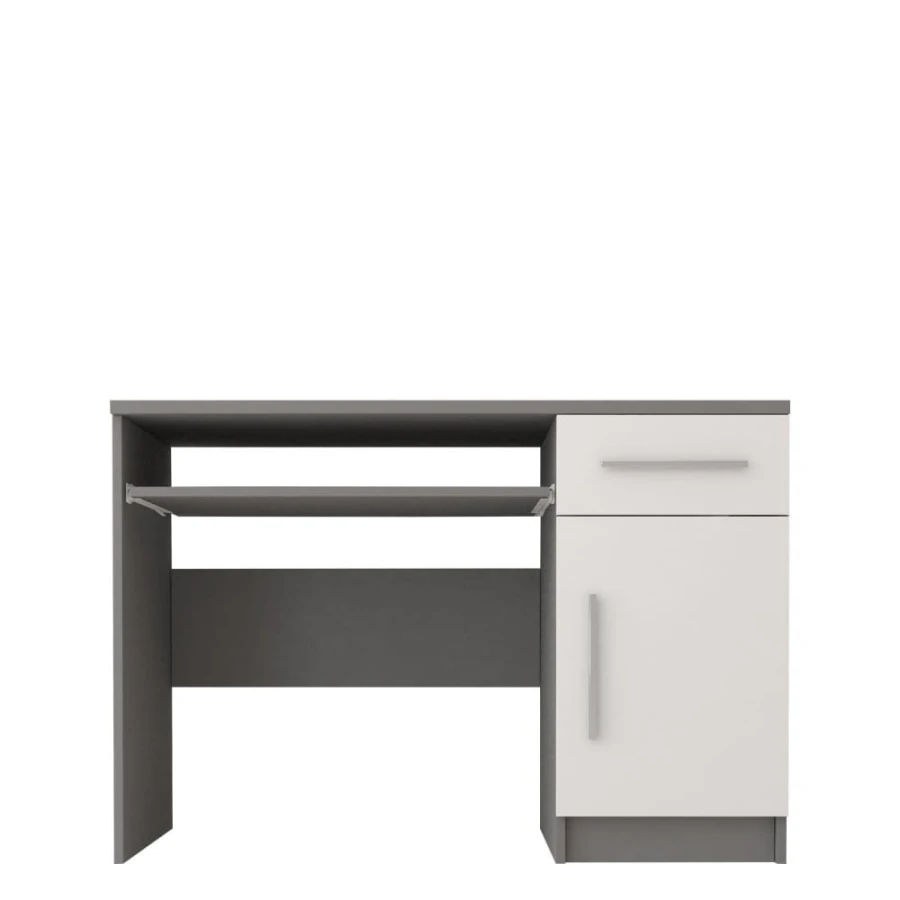 Moderner Schreibtisch in Grau und Weiß mit Tastaturauszug und Schublade.