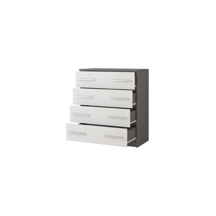 Grey-white chest of drawers with four open drawers for plenty of storage space.
