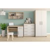 Youth room furniture set consisting of desk, chest of drawers, wardrobe and wall shelf in Oak-White.