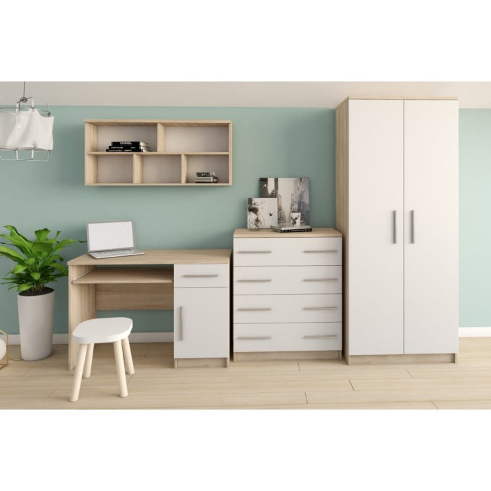 Jugendzimmer-Möbelset bestehend aus Schreibtisch, Kommode, Kleiderschrank und Wandregal in Eiche-Weiß.
