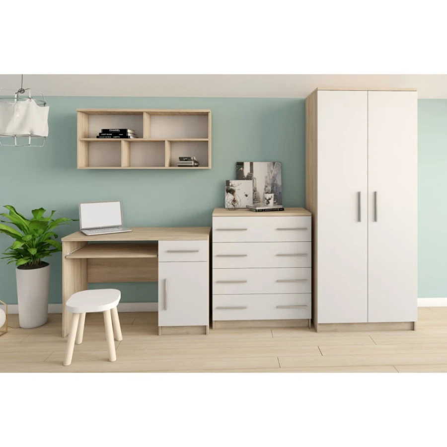 Jugendzimmer-Möbelset bestehend aus Schreibtisch, Kommode, Kleiderschrank und Wandregal in Eiche-Weiß.