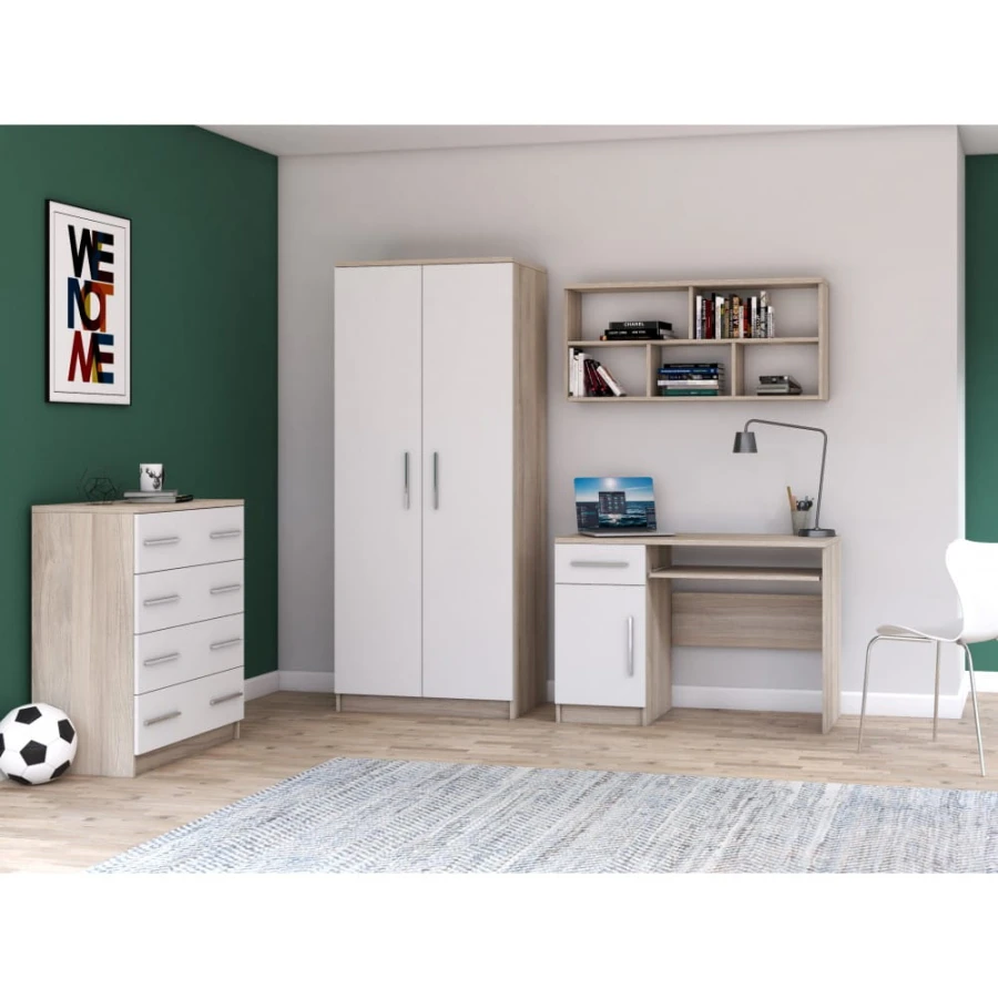 Komplettes Jugendzimmer-Ensemble mit funktionalem Schreibtisch und viel Stauraum in Eiche-Nachbildung.