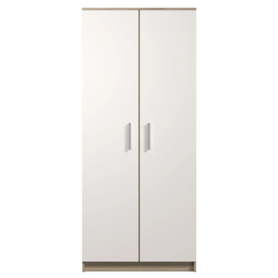 Zweitüriger Kleiderschrank in Weiß und Eiche-Optik, schlichtes Design für das Schlafzimmer.