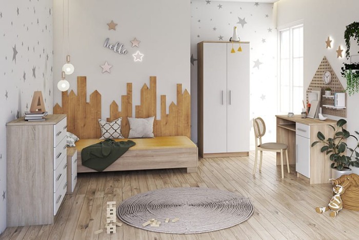 Komplettes Kinderzimmer Set mit Bett, Schrank, Schreibtisch und Kommode in Holzoptik.