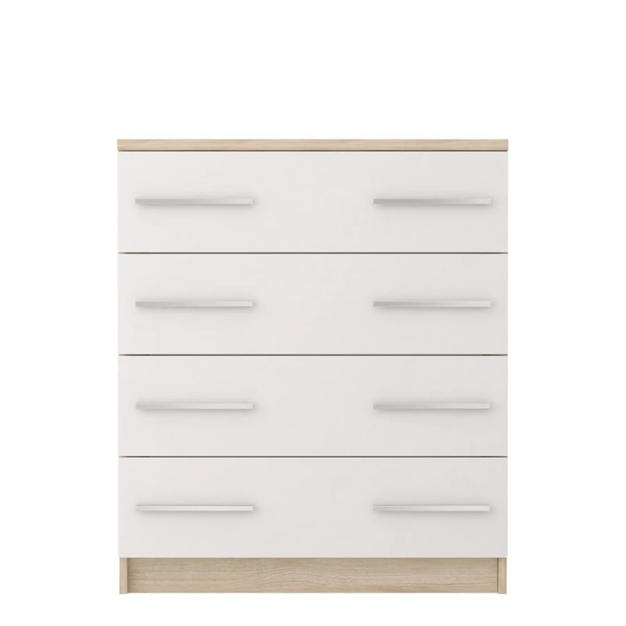 White chest of drawers with 4 drawers and carcass in oak-look.