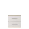 Modern bedside cabinet in white and oak-look with two drawers, front view.