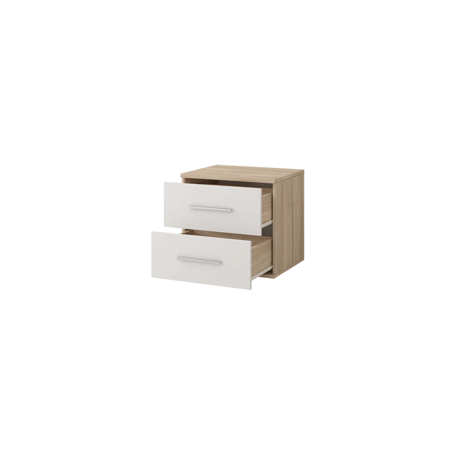 Bedside chest in white and oak with two wide open drawers for storage space.