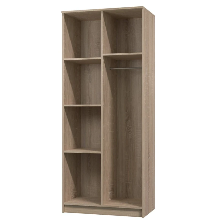 Kleiderschrank-Innenleben in Eiche-Optik mit Regalfächern und einer stabilen Kleiderstange.