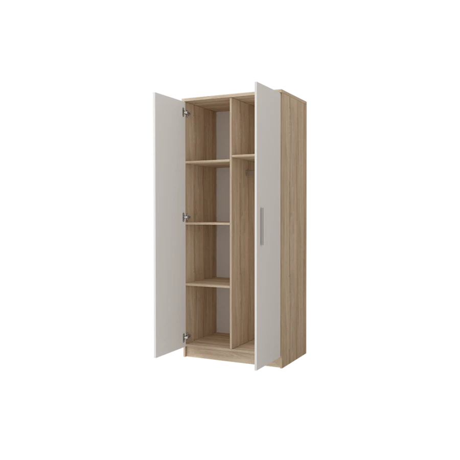 Moderner Kleiderschrank in Weiß und Eiche mit weit geöffneten Türen und viel Stauraum.