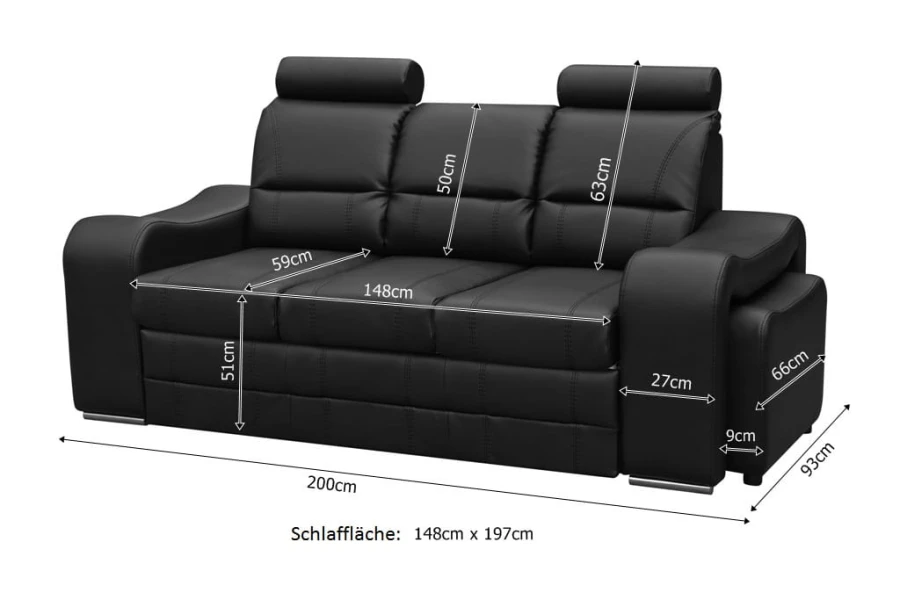 Maße eines schwarzen Schlafsofas mit 200 cm Breite und integrierter Liegefläche.