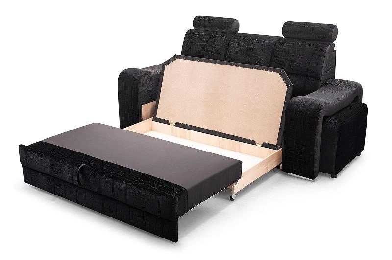 Schwarzes Schlafsofa mit Krokodil-Optik und offenem Bettkasten für praktischen Stauraum.