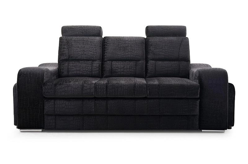 Elegantes schwarzes Sofa mit strukturierter Oberfläche in Reptil-Optik.