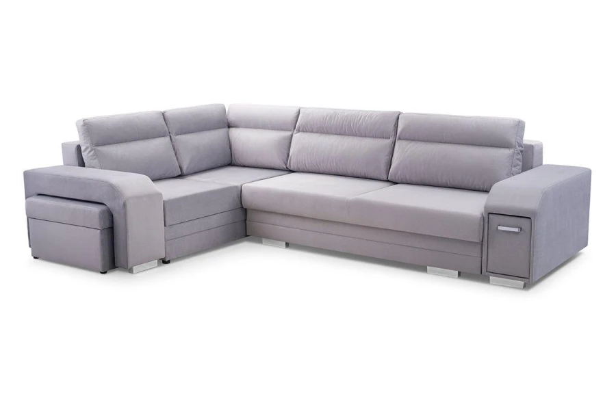 Modernes Ecksofa in Grau mit integriertem Stauraum und Hocker