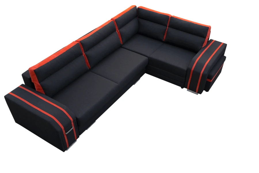 Große L-Form Wohnlandschaft in Schwarz-Rot mit stilvollem Streifenmuster.