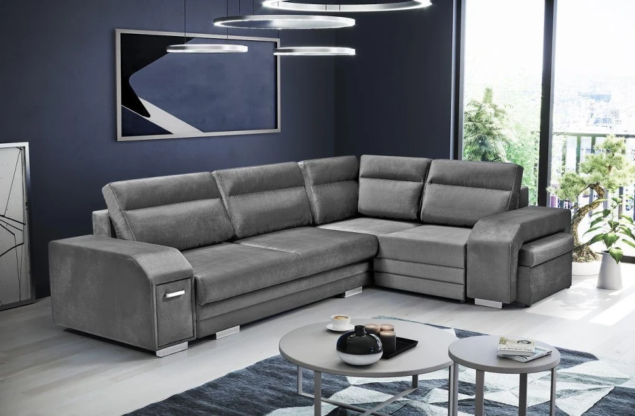 Großes dunkelgraues Ecksofa in L-Form für modernes Wohnen.