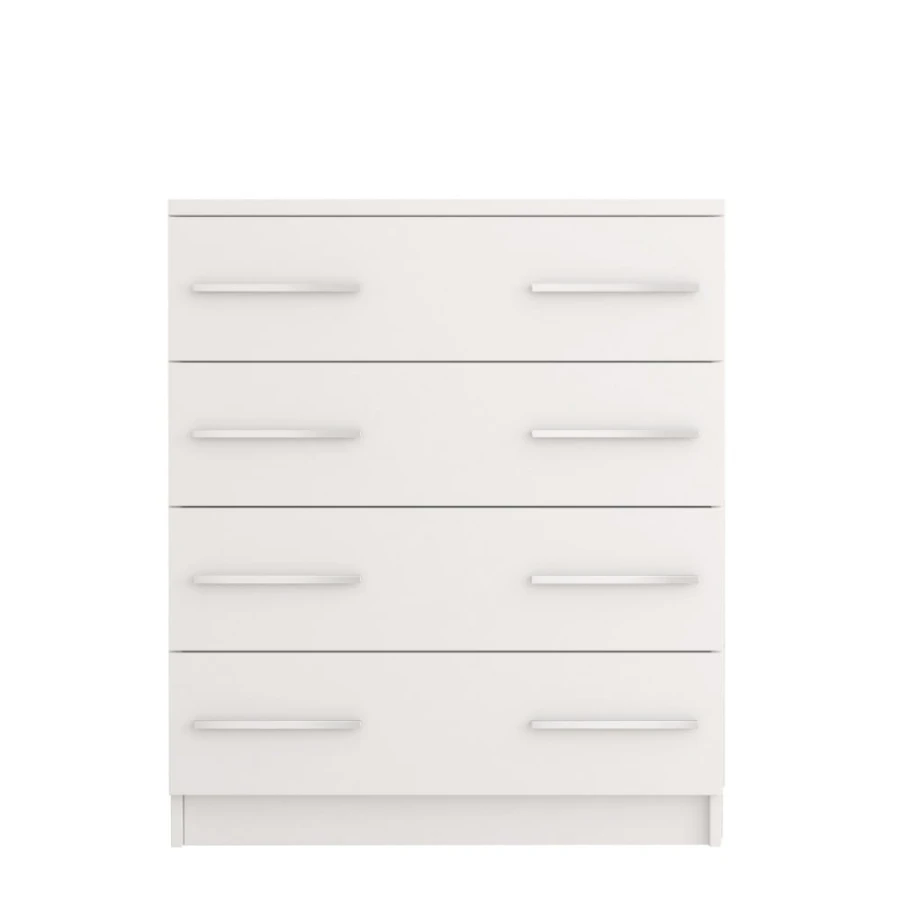 Front view of a simple white chest of drawers with 4 drawers and silver handles.
