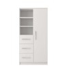 Witte multifunctionele kast met deur, drie open schapvakken en drie laden voor optimale opbergruimte.
