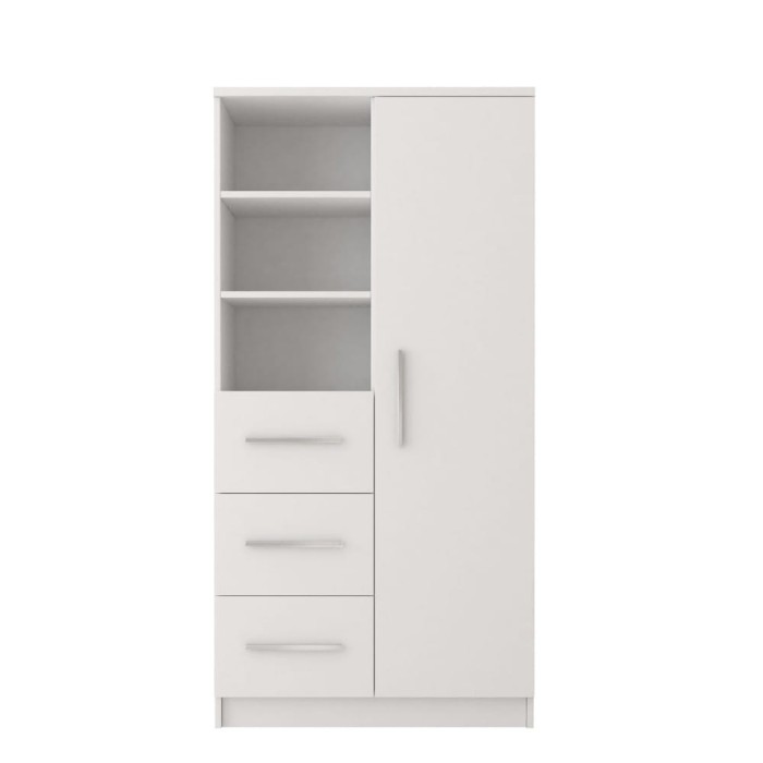 Weißer Mehrzweckschrank mit Tür, drei offenen Regalfächern und drei Schubladen für optimalen Stauraum.