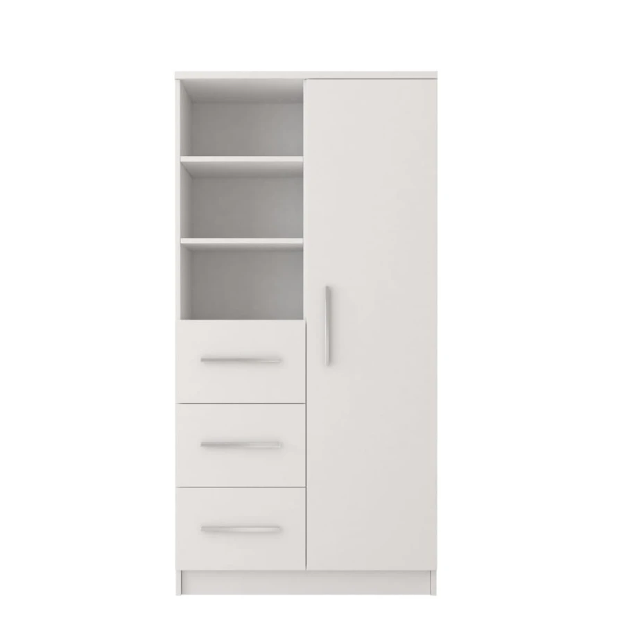 Weißer Mehrzweckschrank mit Tür, drei offenen Regalfächern und drei Schubladen für optimalen Stauraum.