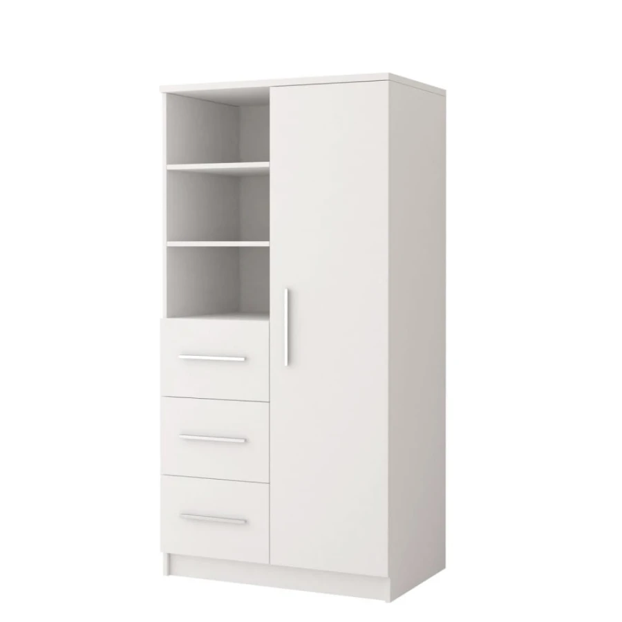 Weißer Kombischrank mit Regalfächern und Schubladen in moderner Optik, ideal für Büro oder Schlafzimmer.