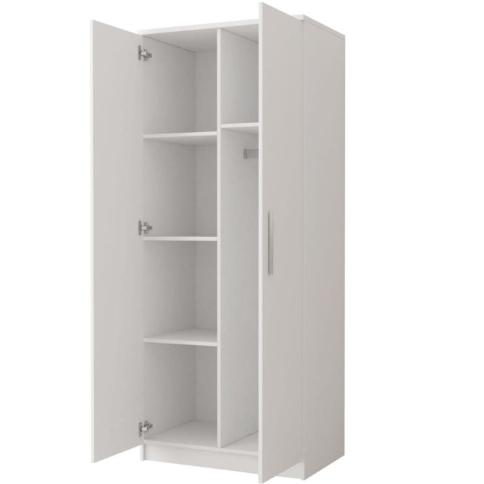 Weißer Kleiderschrank mit offenen Türen, Einlegeböden und Kleiderstange zur Aufbewahrung.