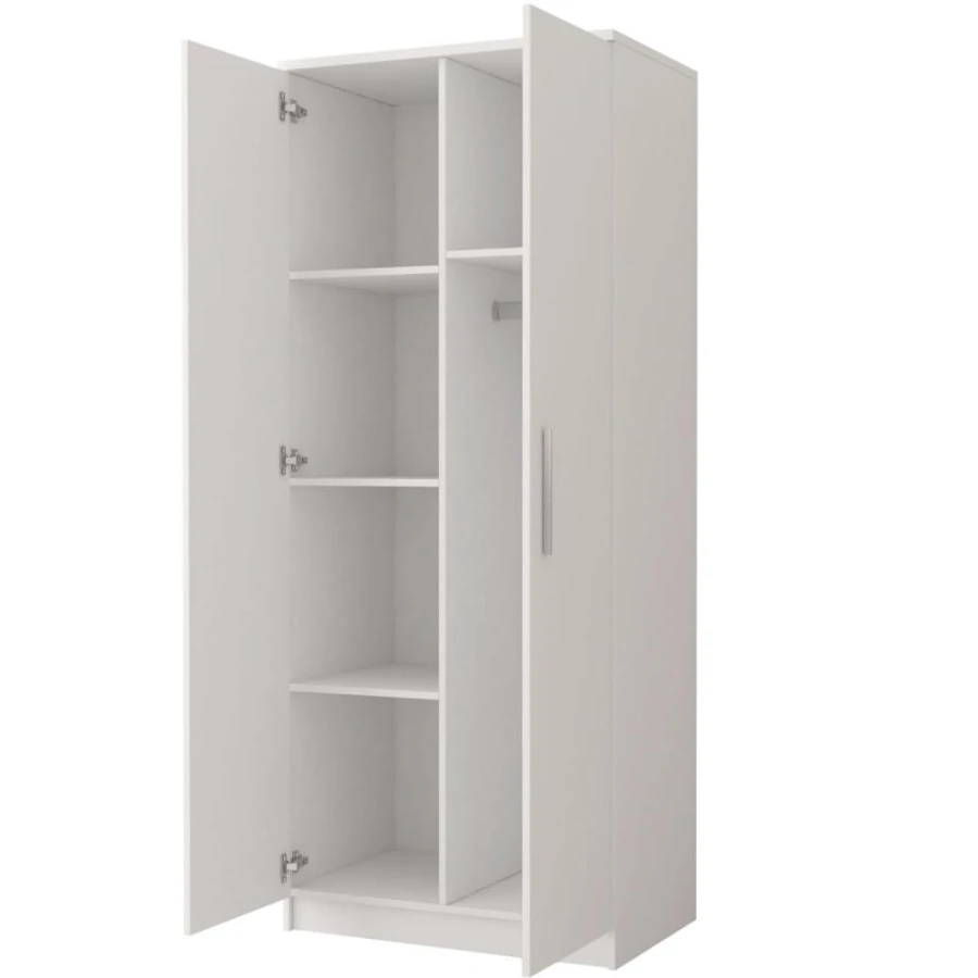 Weißer Kleiderschrank mit offenen Türen, Einlegeböden und Kleiderstange zur Aufbewahrung.