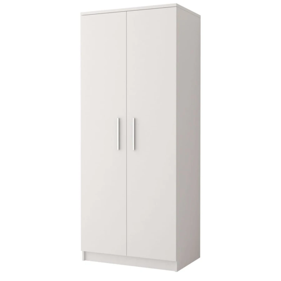 Geschlossener weißer Kleiderschrank mit zwei Türen, modernes Design für Schlaf- oder Jugendzimmer.