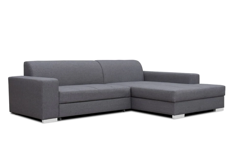 Modernes graues Ecksofa in L-Form auf weißem Hintergrund, komfortable Polsterung.