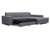 Graues Sofa mit ausgezogener Schlaffunktion, Verwandlung zum praktischen Gästebett.
