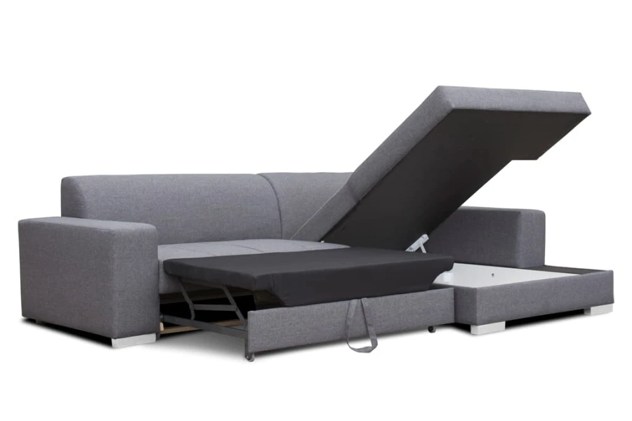 Ecksofa mit Schlaffunktion und offenem Bettkasten, Kombination aus Komfort und Stauraum.