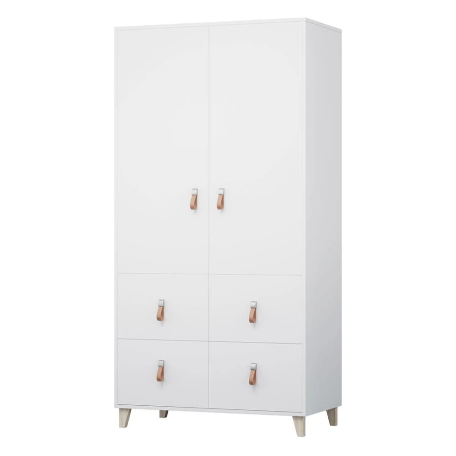 Hoher weißer Kleiderschrank mit zwei Türen, vier Schubladen und eleganten Ledergriffen.