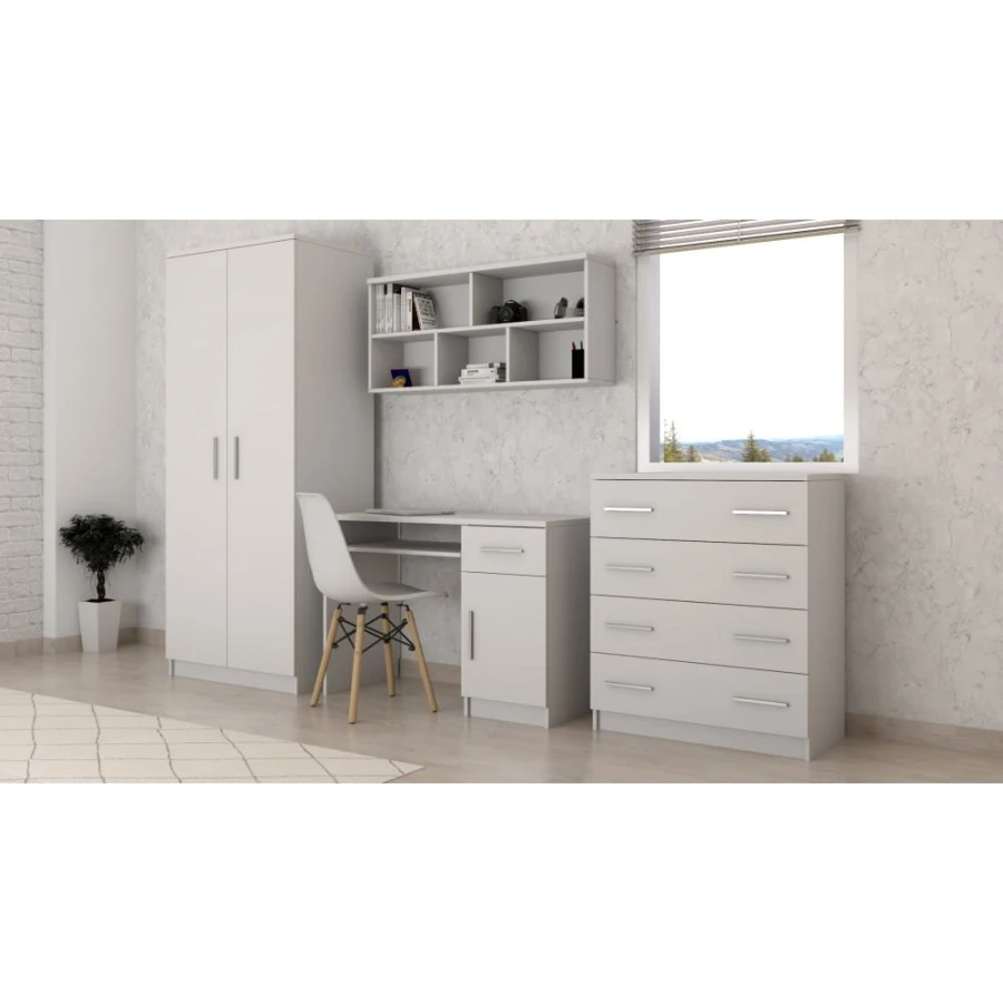 Komplettes Möbel-Set in Weiß mit Schreibtisch, Kleiderschrank, Kommode und Wandregal.