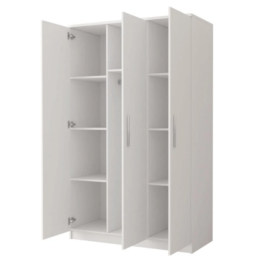 Offener weißer Kleiderschrank mit 3 Türen, Einlegeböden und Kleiderstange für viel Stauraum.