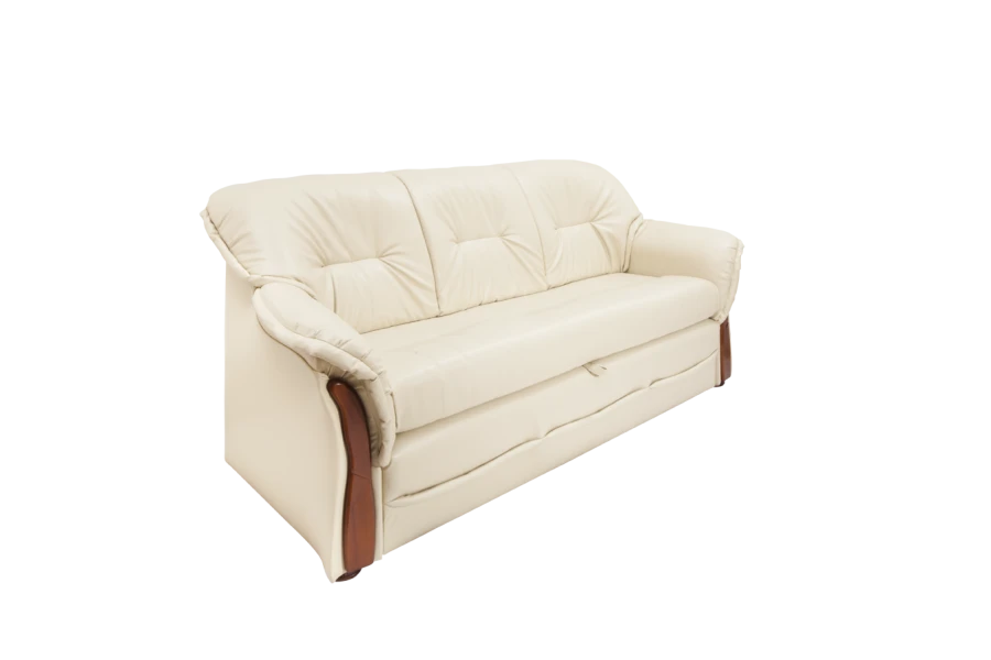 Klassisches cremefarbenes 3-Sitzer Ledersofa mit Holzdetails.