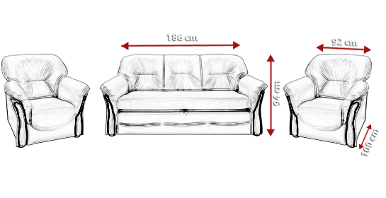 Abmessungen und Maße für das Sofa- und Sessel-Set in der Übersicht.