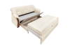 Ausziehbares cremefarbenes Schlafsofa mit Bettfunktion und Holzdekor.